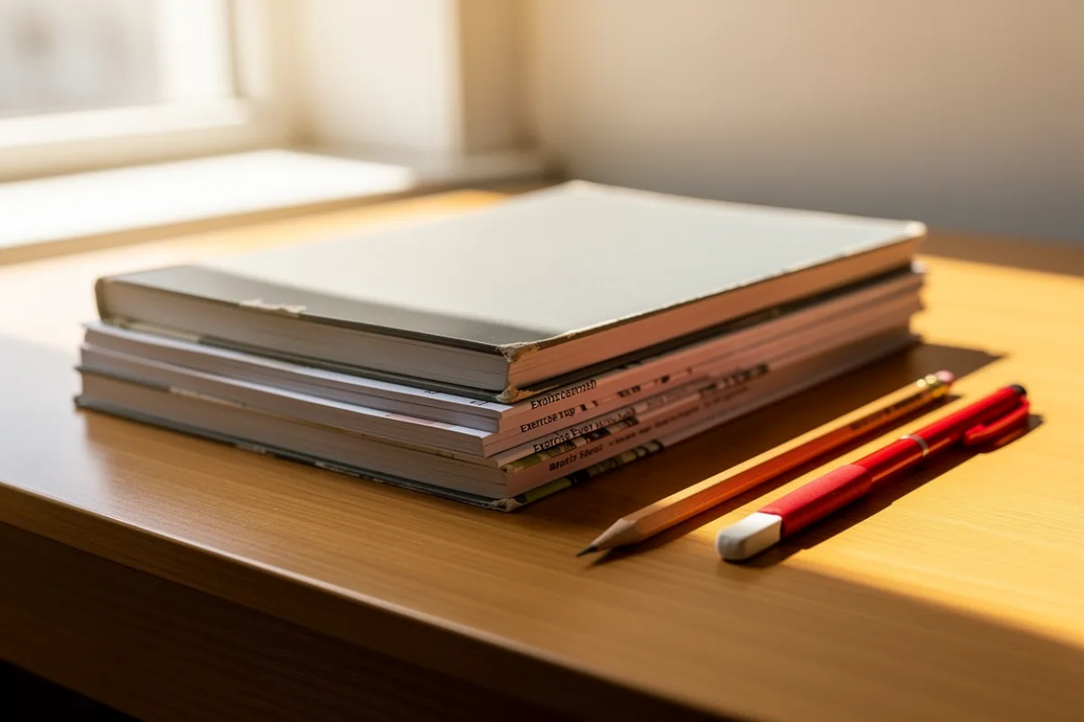 A stack of exercise books and past-paper booklets on a desk, with a pencil and a red pen beside them.