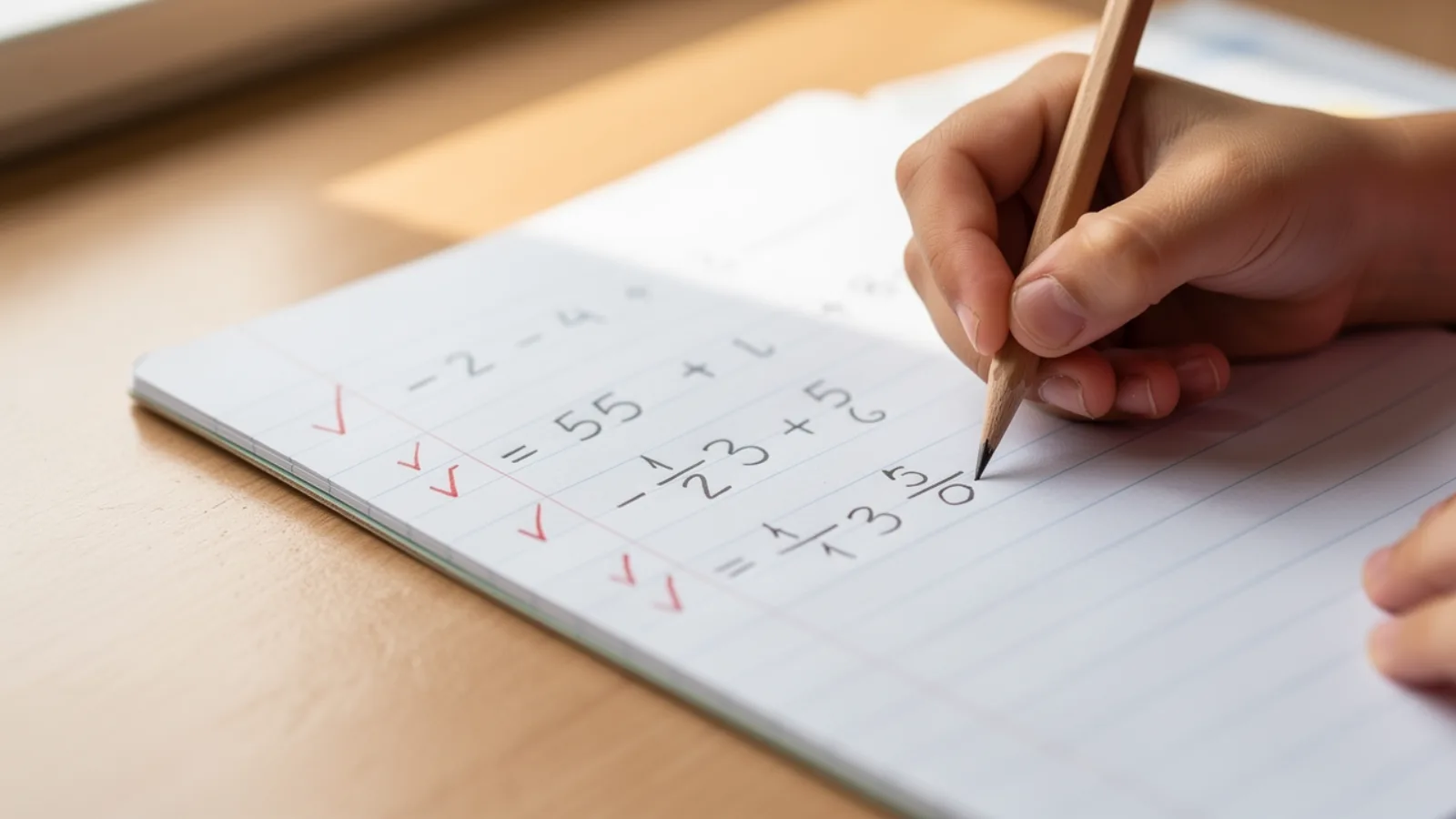 A hand working through a maths problem in a lined exercise book, with red-pen ticks in the margin.
