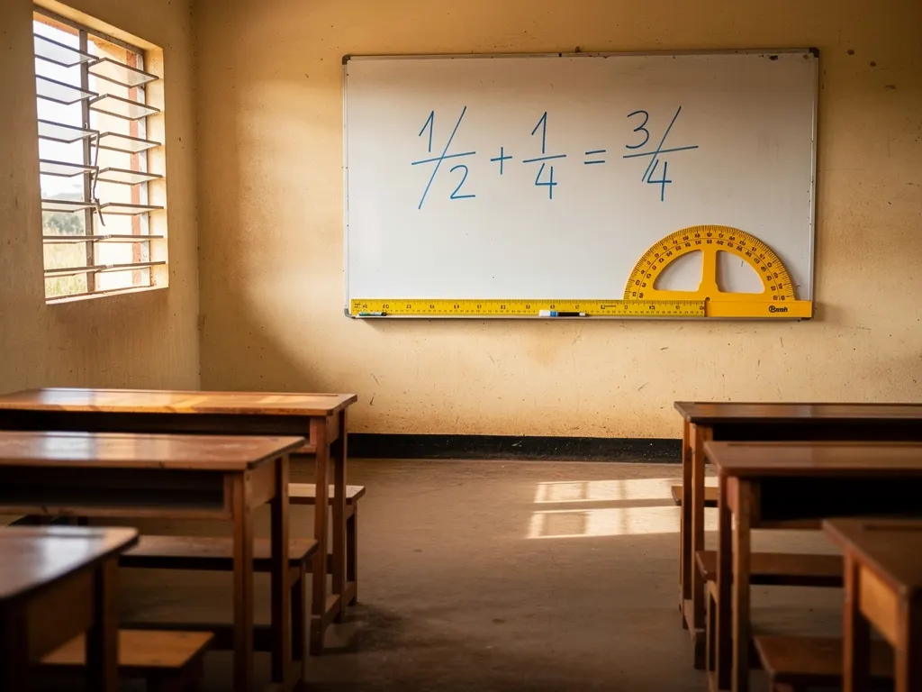 An empty classroom: wooden desks facing a whiteboard with a worked fraction sum, a metre ruler and a protractor resting on the marker tray.